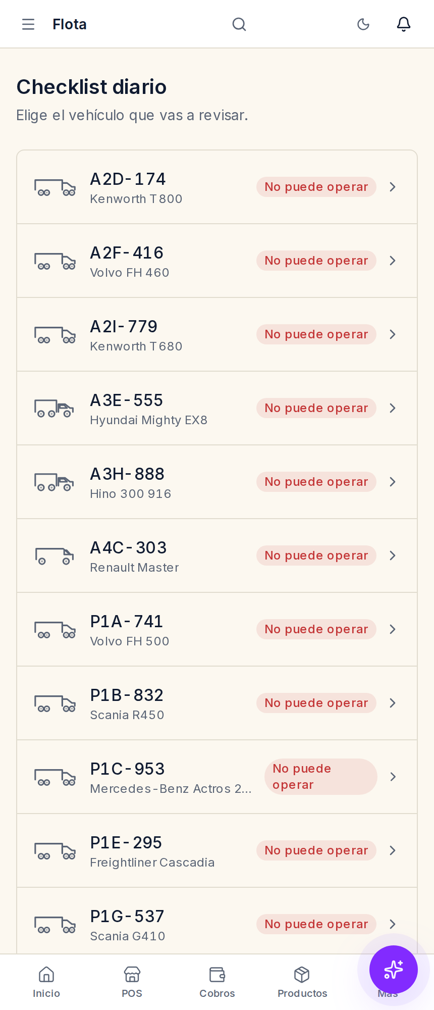 Checklist diario en el celular: la lista de vehículos para elegir cuál se va a revisar, cada uno con su placa, marca y modelo.