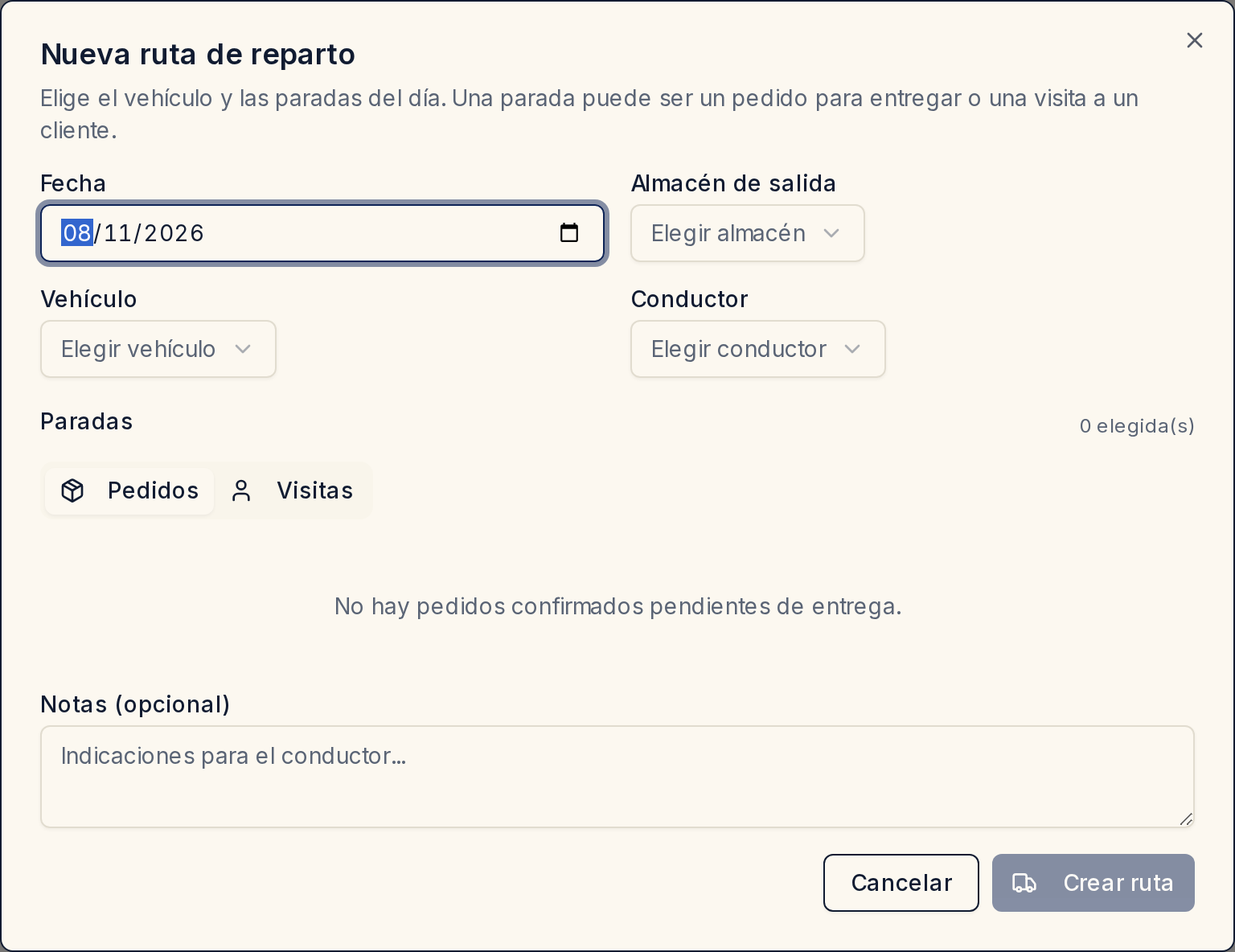 Formulario de nueva ruta: fecha, almacén de salida, vehículo, conductor y las dos pestañas de paradas (pedidos y visitas).