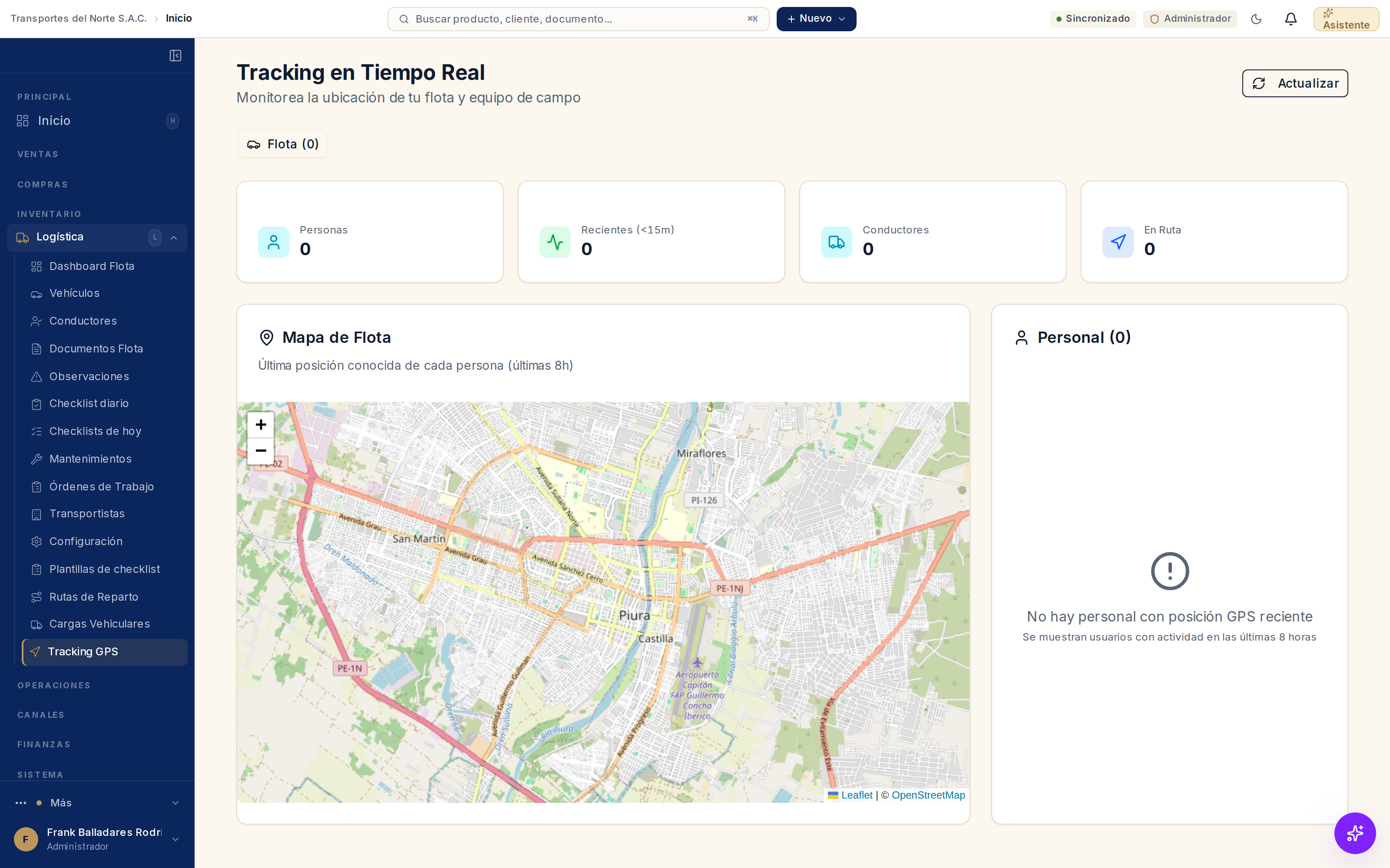 Tracking en tiempo real: los indicadores de personas, reportes recientes, conductores y unidades en ruta, junto al mapa con la última posición conocida.