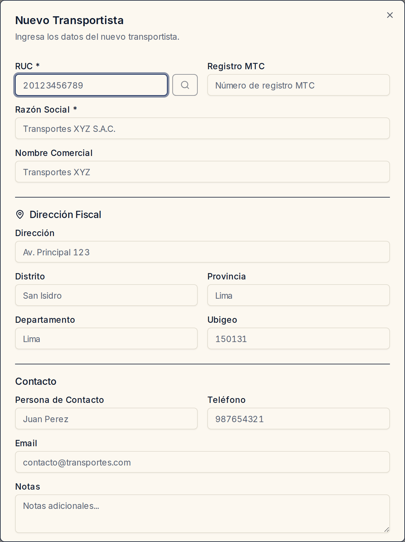 Formulario de nuevo transportista: RUC, razón social, registro MTC y los datos de contacto.
