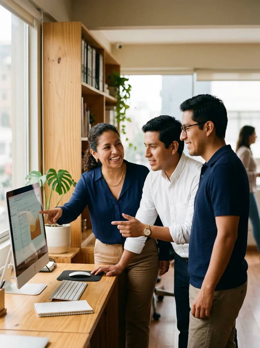 Equipo de una empresa revisando juntos un tablero de indicadores en pantalla