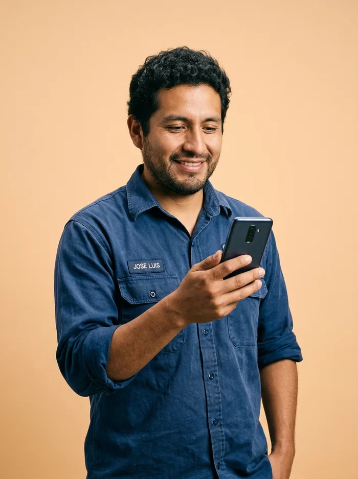 Encargado de almacén consultando el stock desde su teléfono