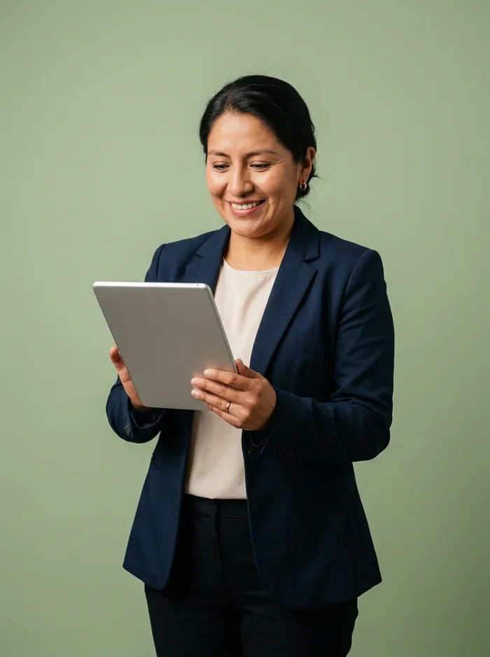 Dueña de una distribuidora revisando su operación en una tablet